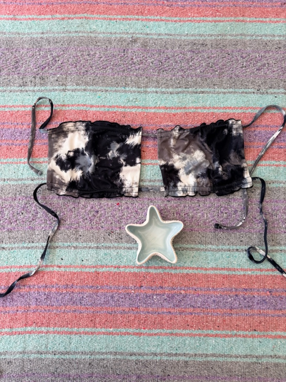 Black White Tie Dye Bandeau Bikini Top Scrunch Strapless XL